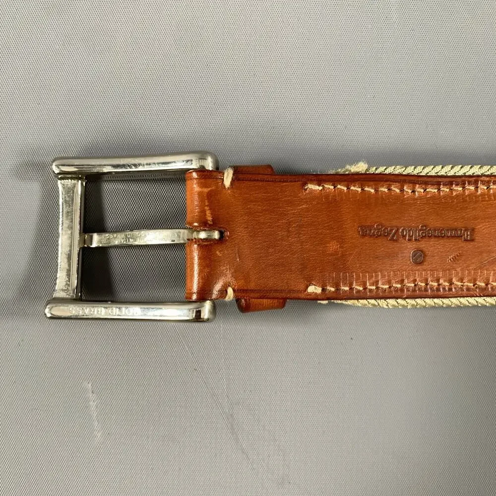 ERMENEGILDO ZEGNA Size 38 Cream Brown Mixed Fabrics Leather Elastic Belt